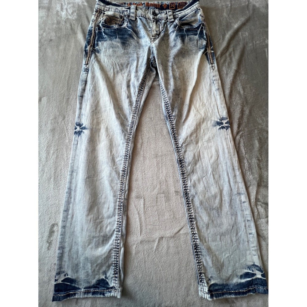 Rock Revival Jeans Mens 34 Blue Dudley Relaxed Straight Acid Wash Distressed